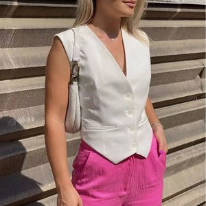 Chaleco sin mangas con cuello en V de color caramelo para mujer, top corto informal ajustado, chaleco de moda - Product Image 2