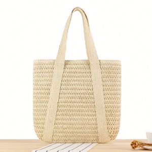 Advanced French Simple Casual Shoulder Straw Tote Bag Seaside Holiday Large Capacity Beach Bag Embroidery Two <b>Open</b> for Summer - Product Image 1