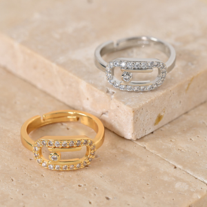 Bague ouverte vintage plaquée or 18 carats pour femme, avec <span class=keywords><strong>pierre</strong></span> géométrique en zircon cubique, ajustable, bijoux minimalistes tendance, anneaux - Product Image 1