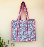 Sac fourre-tout matelassé 100 % coton fait main écologique, imprimé au bloc de Jaipur, avec fermeture éclair, pour femme, 18x16 pouces, idéal pour les voyages et l'usage quotidien