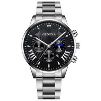 Jam tangan Quartz pria, kalender tiga mata modis gelang baja