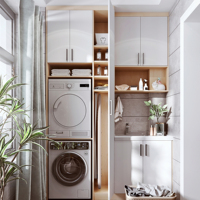 Meuble de buanderie modulaire personnalisé pour balcon avec ensemble lave-linge et sèche-linge intégrés, idéal pour appartements et centres commerciaux