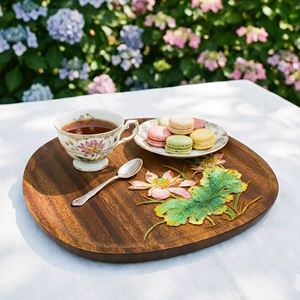 Cloisonné emaille theeblad van walnoot met bloemmotief - Product Image 5