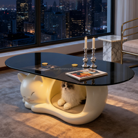 Table basse en FRP avec base creuse en forme de chat adorable et plateau en verre élégant alliant fonctionnalité et mignonnerie