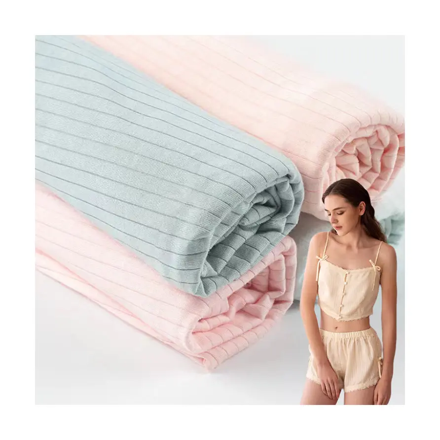 Boran Textile bambú algodón Jacquard tela de punto con ojal movió Loop Ribbing Pointelle Jacquard tela para ropa