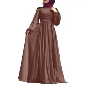 2024 Nahost neuer bescheidener und eleganter islamischer Kaftan Kleid solide Farbe chiffon Perlen-Taille Kleid für muslimische Frauen