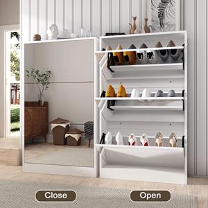 Design personnalisé, moderne, blanc, 3 niveaux, organisateur <span class=keywords><strong>fermé</strong></span>, étagère à chaussures en bois ultra mince et rabattable, armoires à chaussures avec miroir - Product Image 2
