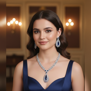 Conjunto de collar y aretes de zafiro en forma de lágrima, hecho con piedra central de zafiro azul profundo de primera calidad, talla pera, para fiestas. - Product Image 1