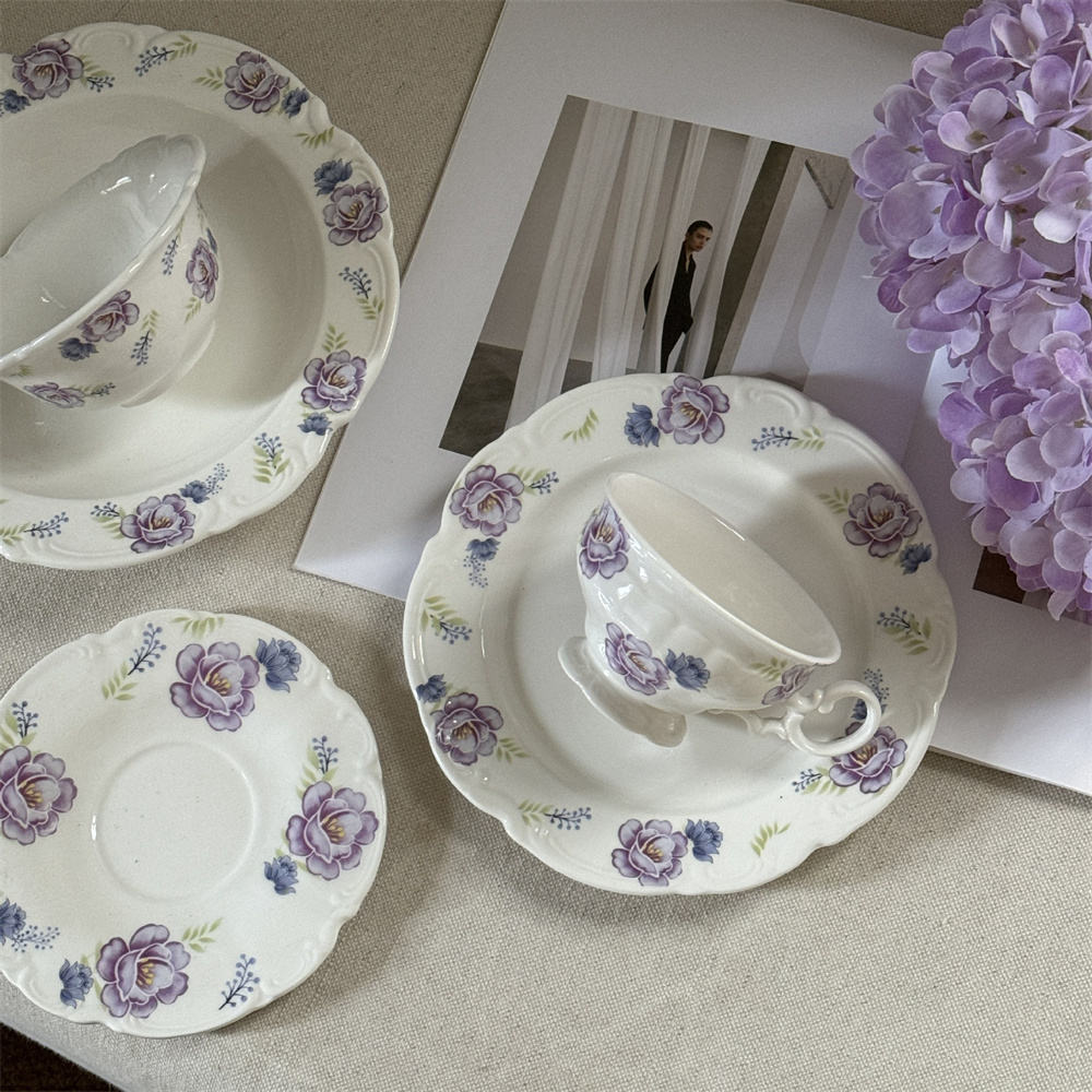 Romantic French Purple Flower Dinnerware Set Ceramic Plates Soup