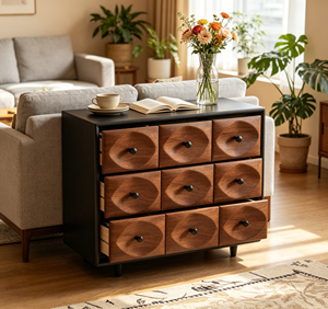 Mueble de Almacenamiento Moderno de Lujo en Madera con Marco Negro, 9 Cajones, Puertas de Tablero, Multiusos, para Sala de Estar o Dormitorio - Product Image 5