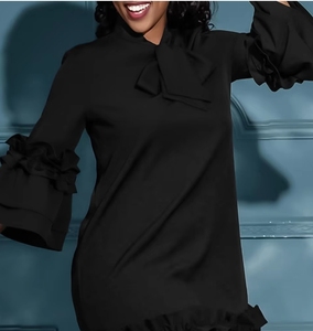 HANOU nouvelle mode chaude lâche couleur unie bords effilochés à manches longues élégant <span class=keywords><strong>Pile</strong></span> up manches cravate à volants <span class=keywords><strong>Midi</strong></span> droite tenue décontractée - Product Image 4