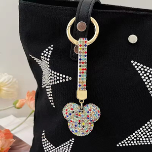 Llavero de alta calidad con cabeza de <span class=keywords><strong>Mickey</strong></span> de strass y diamantes de imitación, con bola de cristal completa, cordón de cuero, bonito colgante para bolso, joyería - Product Image 5