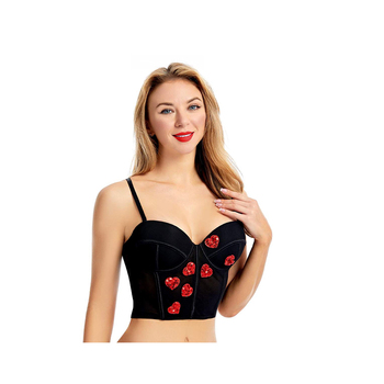 Ladies lingerie love pattern mesh corset top for women push up bra black Cropped Bustier with Red Sequin Heart