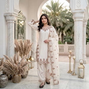 White Embroidered Salwar Kameez Set Long Sleeve Top Palazzo Pants <b>Shawl</b> for <b>Wedding</b> Festival Indian Pakistani Wear - Product Image 1
