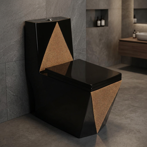 WC monobloc en céramique forme diamant noir et or, à poser au sol, avec siphon en S - Product Image 3