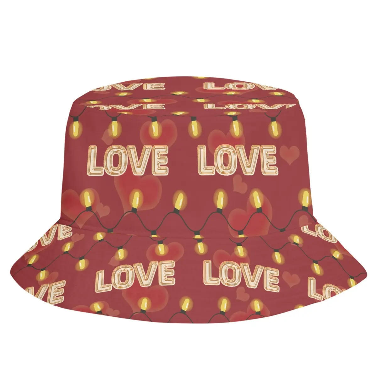 Produk trendi topi nelayan baru Chic merah cinta hati desain cetak topi ember Dropshipping kustom topi uniseks