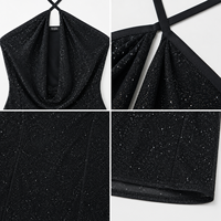 Robe mini noire scintillante à col bénitier pour femme, style OEM/ODM Anjie, personnalisable avec étiquette privée, en lurex, moulante, pour soirée et club, vente en gros