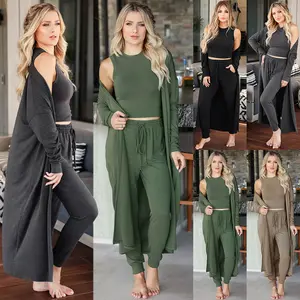 2023 New Women's Homewear Suit Plain Casual Three Piece Muslim Vest Pants Cardigan Crew Neck Sports Suit clothing manufacturers