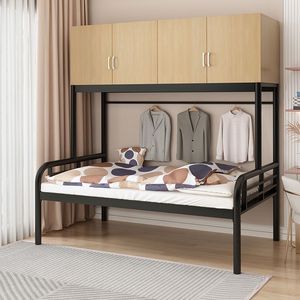 Space Saving Loft <b>Bed</b> with Wooden Storage Cabinet Sturdy Metal <b>Single</b> <b>Bed</b> Frame with Clothes Hanger Rod for Dormitory - Product Image 4