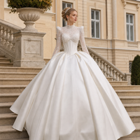 Gaun pengantin wanita Jancember DW0238 Muslim Ivory Satin High Neck Corset lengan panjang dengan pita