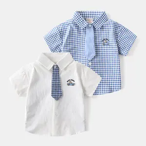 थोक चीन हॉट सेल ग्रीष्मकालीन बच्चों की वी-गर्दन शर्ट प्लेड प्रिंट लड़कों के छोटी आस्तीन के कपड़े
