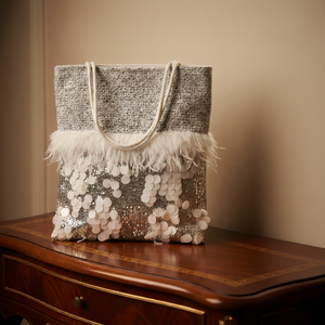 Luxury White Tweed Open Tote <strong>Bag</strong> Ostrich Feather Trim Large Sequin Patchwork Handbag Wedding Bridal Gift Party Custom Logo - Product Image 1