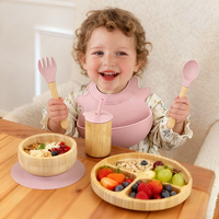 Ensemble d'alimentation pour bébé : Bol et cuillère en silicone et bambou réutilisables, non toxiques, avec ventouse, tasses hermétiques durables avec couvercles et pailles