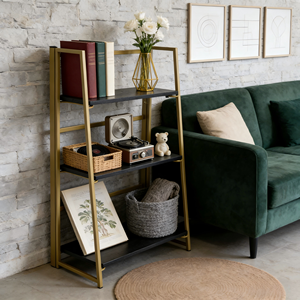 <span class=keywords><strong>Étagère</strong></span>s à 3 niveaux en placage de frêne pliables avec cadre en métal classique pour tout, du livre au verrerie, <span class=keywords><strong>étagère</strong></span>s de rangement - Product Image 1