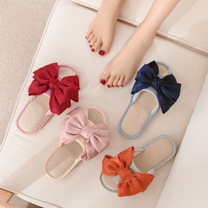 Wholesale New Fashionable Silk Bow Cotton Linen <b>slippers</b> Indoor and Outdoor Wear pink Plush <b>Slipper</b> - Product Image 3