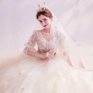 Champagne Ball Gown Evening Dress V-Neck Floral Print Chiffon Empire Waistline Long Sleeve Formal Wedding Banquet Dress - Product Image 3