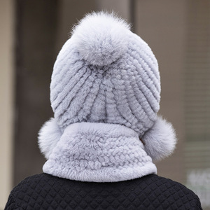 Berretto invernale da <span class=keywords><strong>donna</strong></span> in pelliccia di coniglio lavorato a maglia <span class=keywords><strong>e</strong></span> <span class=keywords><strong>sciarpa</strong></span> lunga comodo cappello <span class=keywords><strong>e</strong></span> <span class=keywords><strong>sciarpa</strong></span> da guanto - Product Image 3