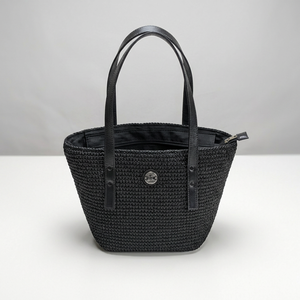 Sac fourre-tout en paille tressée Ana noir avec deux poignées en cuir, ouverture supérieure, style minimaliste, toutes saisons, sac de shopping décontracté en polyester - Product Image 4