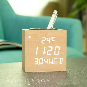 EMAF OEM 3 rangées affichage numérique horloge de bureau en bois calendrier de température porte-stylo horloge