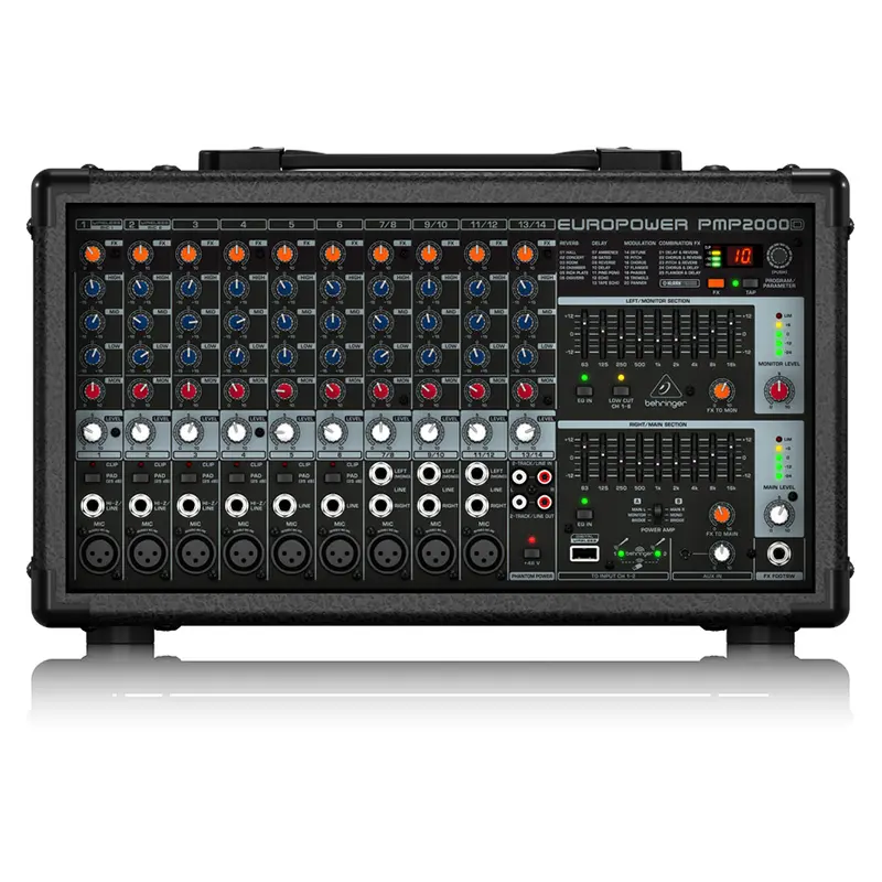 Behringers PMP2000D Grande table de mixage professionnelle avec amplificateur de puissance dans une console de sonorisation
