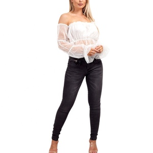Logo personalizzato Oem di alta qualità da donna alla moda moda estivo <span class=keywords><strong>camicetta</strong></span> femminile all'ingrosso in <span class=keywords><strong>Tulle</strong></span> bianco manica lunga maglia Crop Top - Product Image 3
