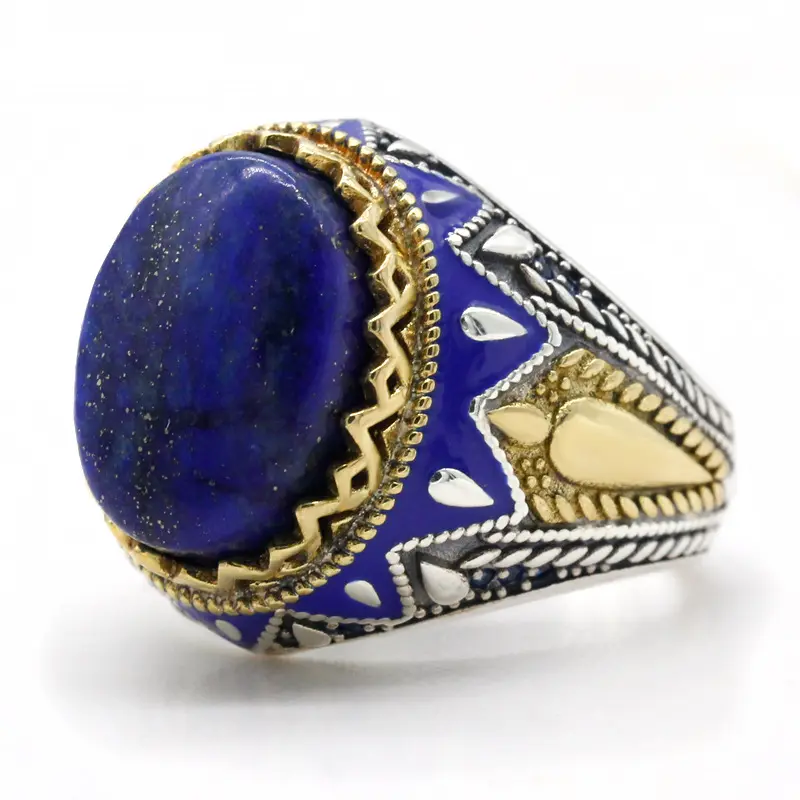 Cincin Turki batu permata Lazuli cincin pria perhiasan pesta pernikahan cincin Enamel biru keberuntungan untuk pria