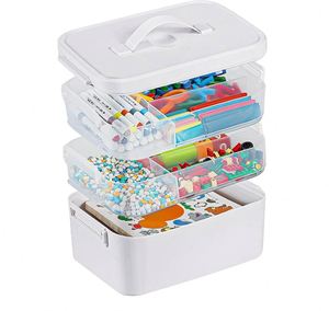 3-Layer Plastic Craft Organizers and Storage Box with Removable Trays, Storage Containers with Lids and Handle - Product Image 1