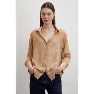 Camisa de Gasa con Estampado de Brillo Dorado y Botones para Mujer, Estilo Casual Diario, Blusa con Cuello en V - Product Image 5