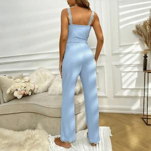 Conjunto Feminino Personalizável de Verão Transfronteiriço Casual de Duas Peças, Roupa de Casa Sexy para Mulheres, Calças de Renda com Alças, Pijama Liso - Product Image 4