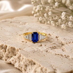<b>Emerald</b> Cut Blue Sapphire <b>Ring</b> Minimalist Engagement <b>Ring</b> CZ Wedding <b>Ring</b> Handmade 925 Sterling <b>Silver</b> with 18K Gold Filled - Product Image 5