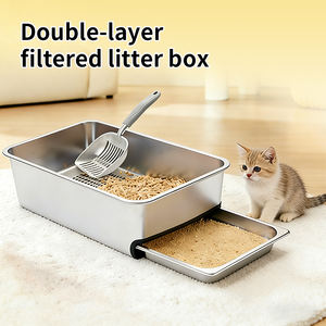 <span class=keywords><strong>Bac</strong></span> à litière pour <span class=keywords><strong>chat</strong></span> en acier inoxydable OEM/ODM, grand format, double couche avec plateau de tamisage, ouverture supérieure, côtés hauts, facile à nettoyer, antirouille - Product Image 1