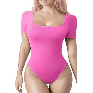 Wholesale Women's Seamless Sports Fitness <b>Bodysuit</b> Sexy Ribbed Square Neck Short Sleeve Body Shaper with Tummy <b>Control</b> Yoga - Product Image 4