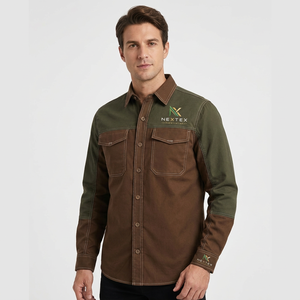 Camisa de trabajo para hombre, de algodón, manga larga, con botones, color marrón y verde, con parches, transpirable, uniforme. - Product Image 1