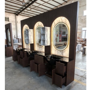 Espejo de Salón Moderno de <span class=keywords><strong>Triple</strong></span> Estación con Luces LED y Almacenamiento para Barbería/Taller - Product Image 5