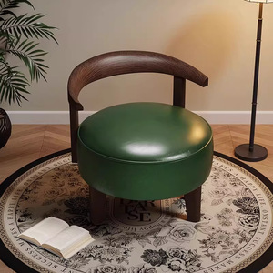 Solid Wood Single <b>Sofa</b> Chair Green Leather Seat Home <b>Stool</b> Ottoman Living Room Bedroom Casual Chair With Backrest - Product Image 1