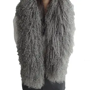 卸売ロングヘアチベット/モンゴルラムファースカーフファッション本物の毛皮ショールスカーフナチュラルカーリーシープファースカーフ