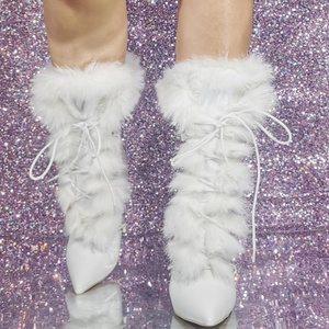 White Fur Women Lace up Buckles Short Booties Wide Fit Size 47 High Heels Stiletto Shoes Winter Fluffy Ankle <b>Boots</b> - Product Image 4