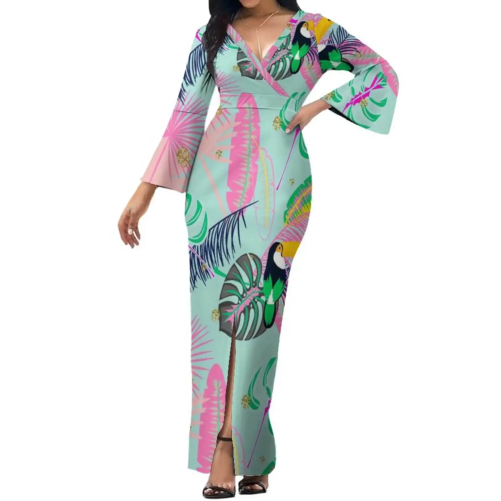 منفذ المصنع 1 موك أزياء الإناث فستان طويل هاواي البولينيزية نمط زهرة طباعة النساء شخصية اللباس دافئ المضادة للتجاعيد