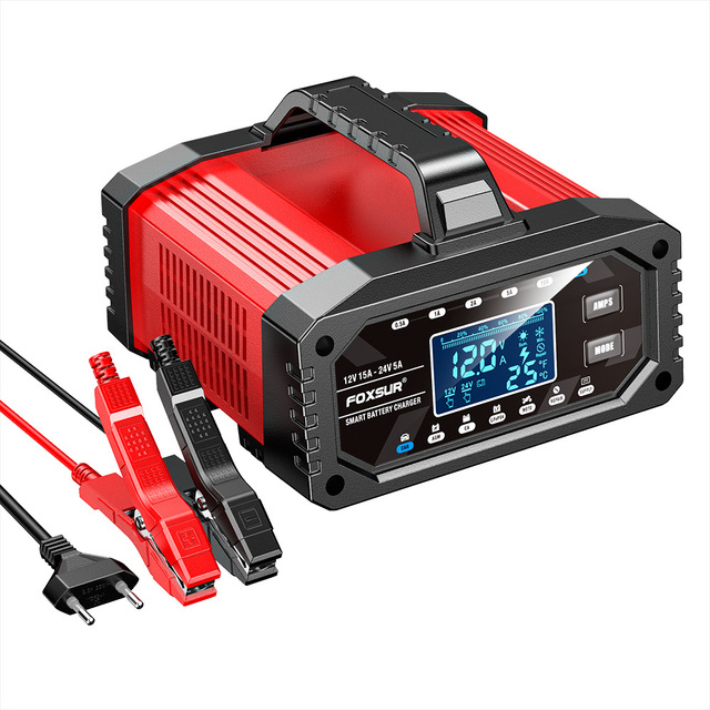 Portable 12V/24V Car Motorcycle Battery Charger 0.5A-15A Adjustable Current Handheld for Lead-Acid LiFePO4