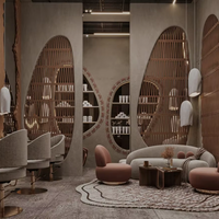 Service de design d'intérieur pour salon de beauté, spa capillaire et ongulaire, présentoirs sur mesure pour produits et podium sculptural organique